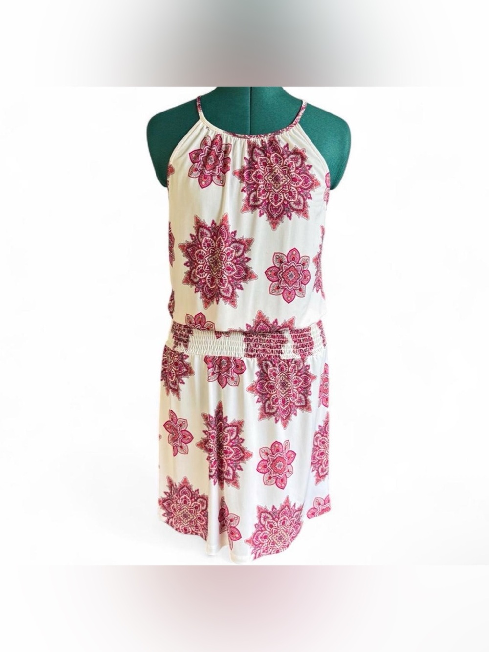 Veronica M Cream Mini Dress with Pink Medallion Print